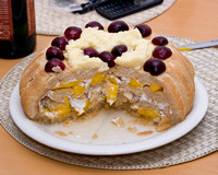 Mango peach Charlotte with cherries and creme patissiere