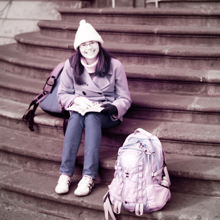 Michelle checking the Lonely planet